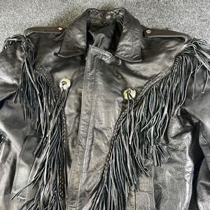 Vintage Mens Motorcycle Fringe Leather Jacket Black Zip Up Retro/western READ